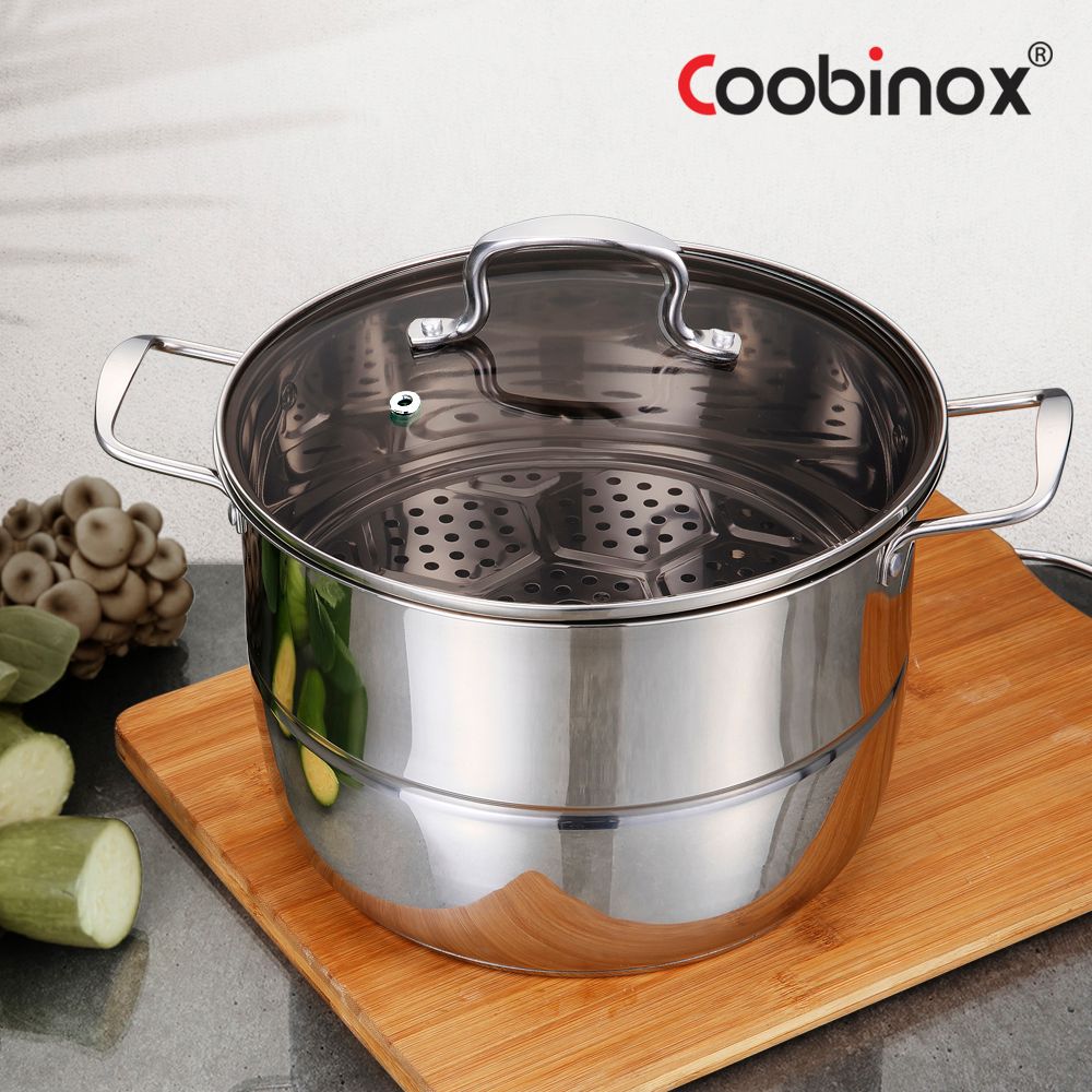 Coobinox® Daily Stainless Steel 2-in-1 Steamer & Stockpot 27cm(CO-15-06) 3-Ply Base Induction Compatible Deep Soup Pot with Steaming Rack